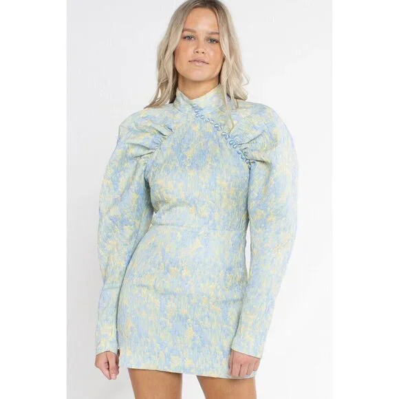 💕ROTATE💕 Button-Detailed Ruched Crinkled-Jacquard Mini Dress Angel Fall 8 NWOT - Picture 8 of 16